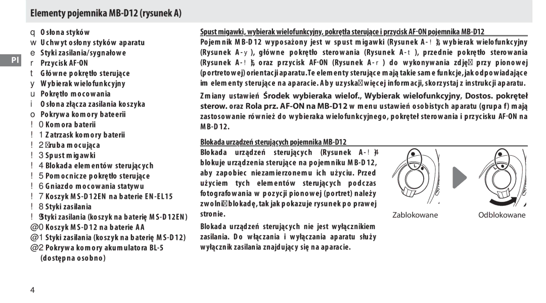 Nikon MB-D12 manual Osłona styków Uchwyt osłony styków aparatu, Koszyk MS-D12EN na baterie EN-EL15 !8 Styki zasilania 