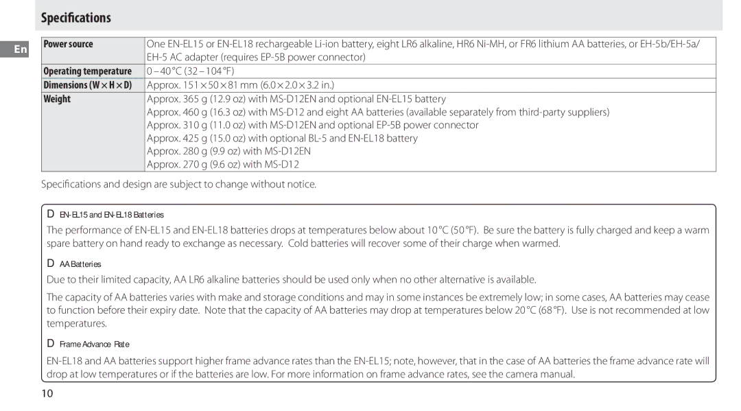 Nikon MB-D12 manual Speciﬁcations, Power source, Weight 