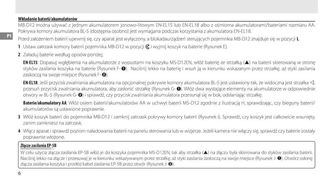Nikon MB-D12 manual Wkładanie baterii/akumulatorów, Złącze zasilania EP-5B 