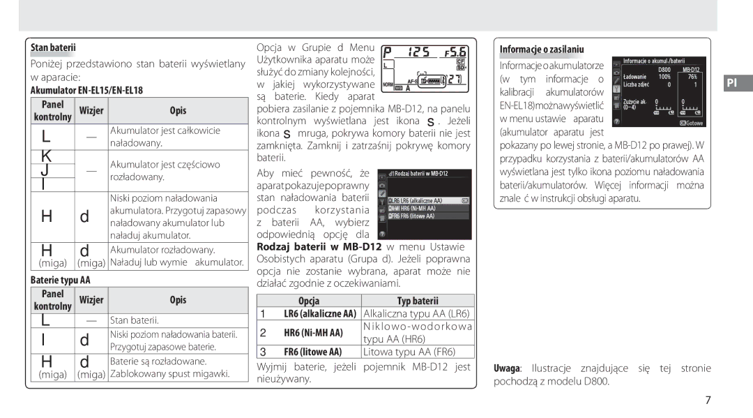 Nikon MB-D12 manual Stan baterii, Akumulator EN-EL15/EN-EL18, Opis, Opcja, FR6 litowe AA 