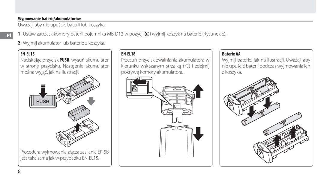 Nikon MB-D12 manual Wyjmowanie baterii/akumulatorów, Uważaj, aby nie upuścić baterii lub koszyka, Baterie AA 