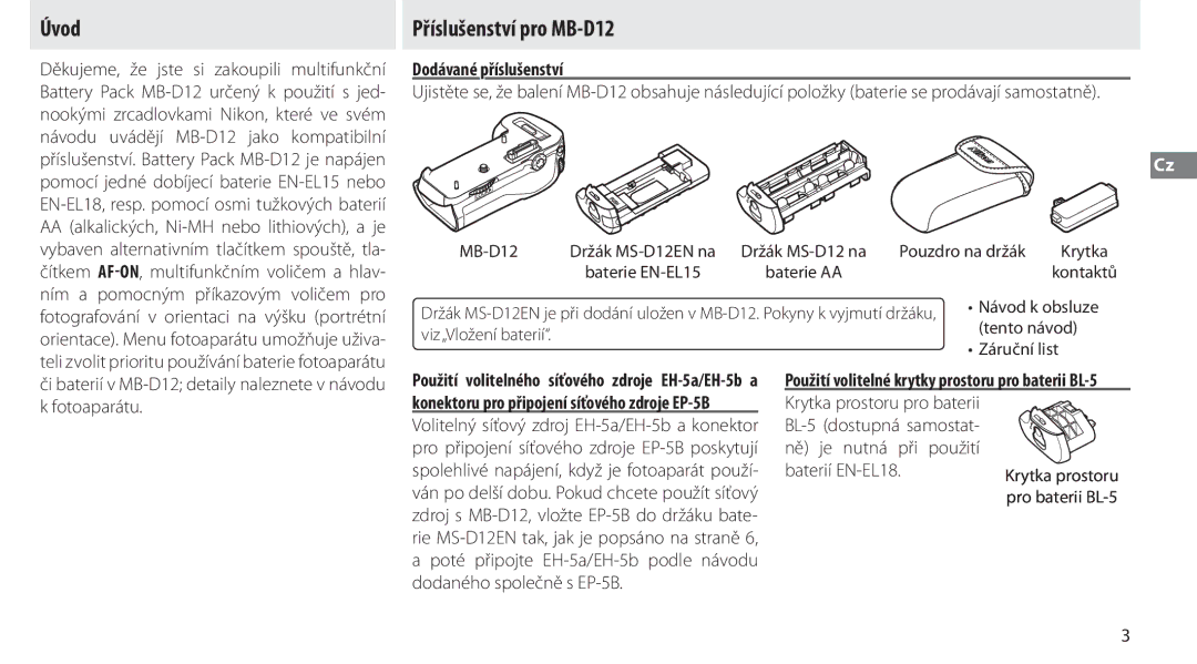 Nikon manual Úvod, Příslušenství pro MB-D12, Ním a pomocným příkazovým voličem pro 