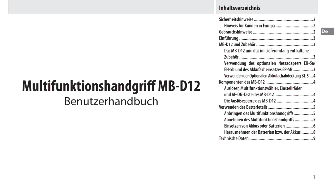 Nikon MB-D12 manual Benutzerhandbuch, Inhaltsverzeichnis 