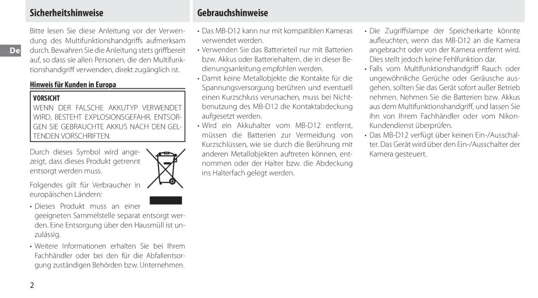 Nikon MB-D12 manual Sicherheitshinweise, Gebrauchshinweise, Hinweis für Kunden in Europa, Vorsicht 