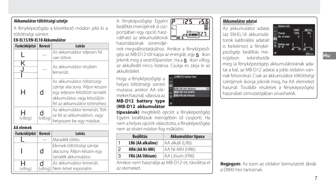 Nikon MB-D12 manual Akkumulátor töltöttségi szintje, EN-EL15/EN-EL18 Akkumulátor, Beállítás, Akkumulátor adatai 