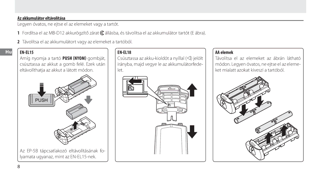 Nikon MB-D12 manual Az akkumulátor eltávolítása, Hu EN-EL15, AA elemek 