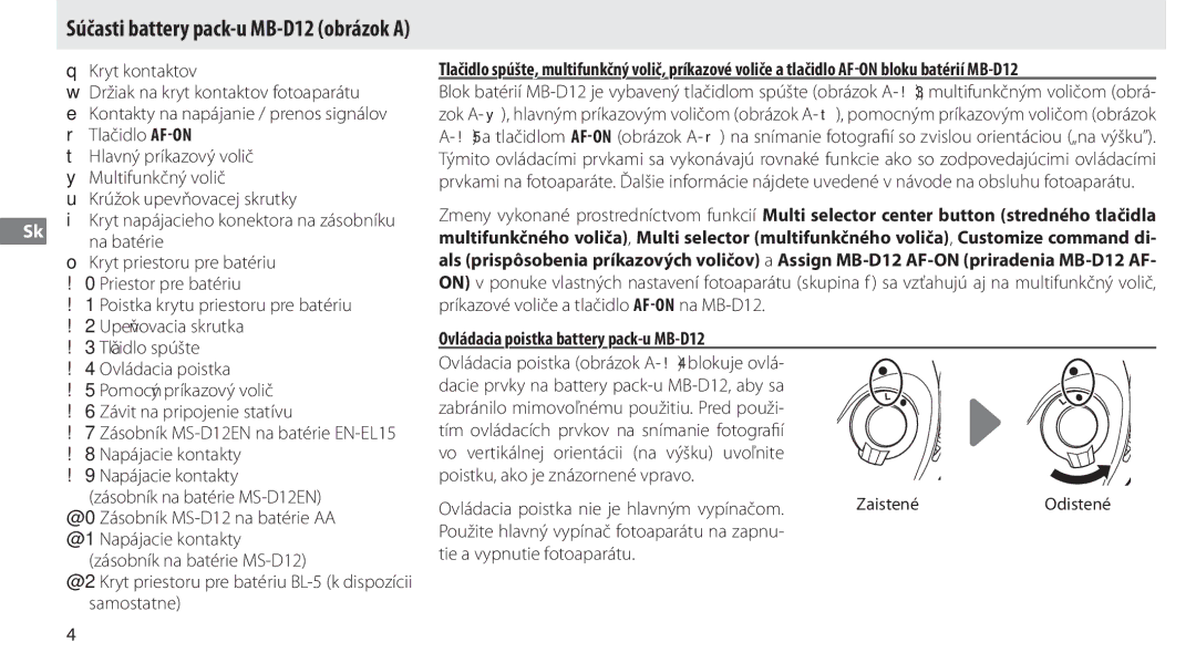 Nikon manual Ovládacia poistka battery pack-u MB-D12 