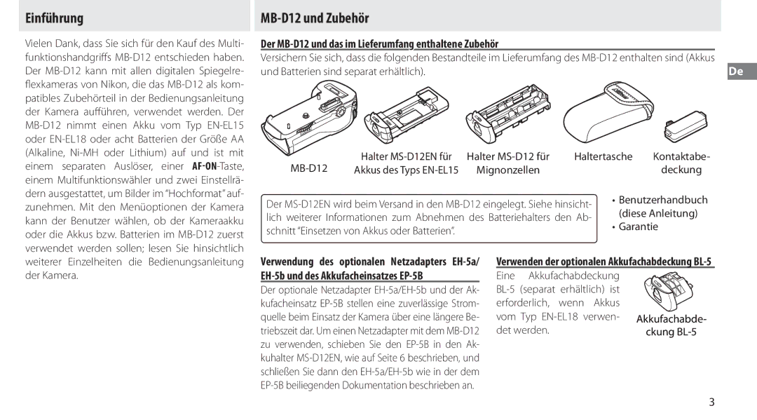 Nikon manual Einführung, MB-D12 und Zubehör, Der MB-D12 und das im Lieferumfang enthaltene Zubehör 