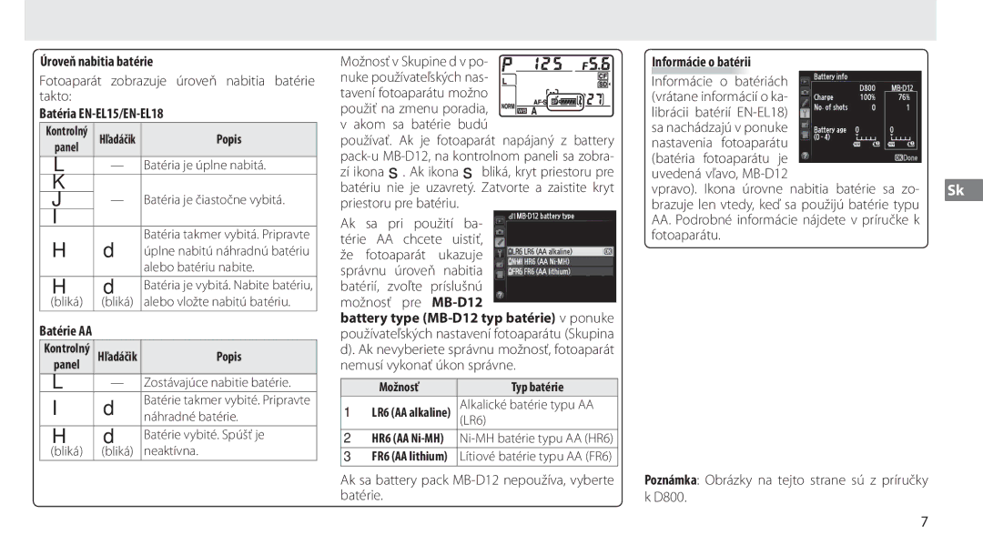 Nikon MB-D12 manual Úroveň nabitia batérie, Fotoaparát zobrazuje úroveň nabitia batérie takto, Batéria EN-EL15/EN-EL18 