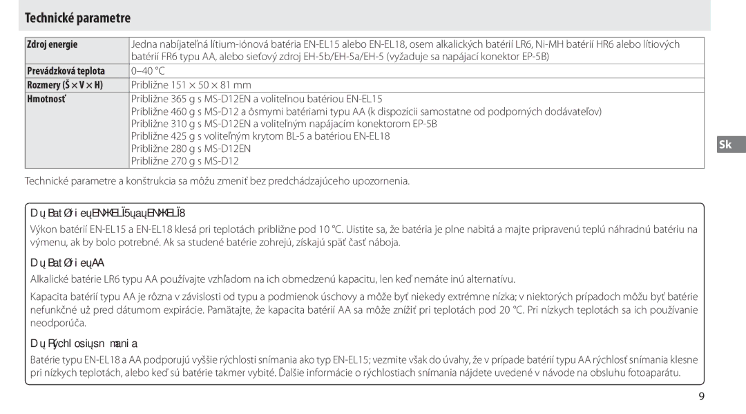 Nikon MB-D12 manual Technické parametre, Zdroj energie, Hmotnosť 