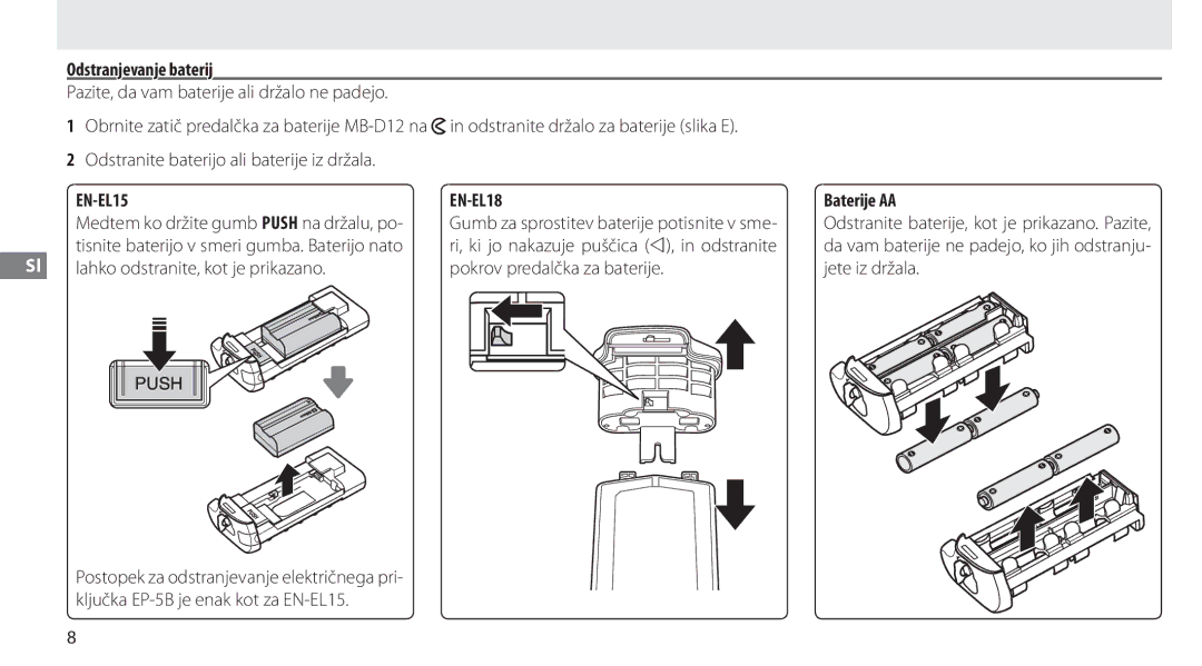 Nikon MB-D12 manual Odstranjevanje baterij, Baterije AA, Odstranite baterije, kot je prikazano. Pazite 