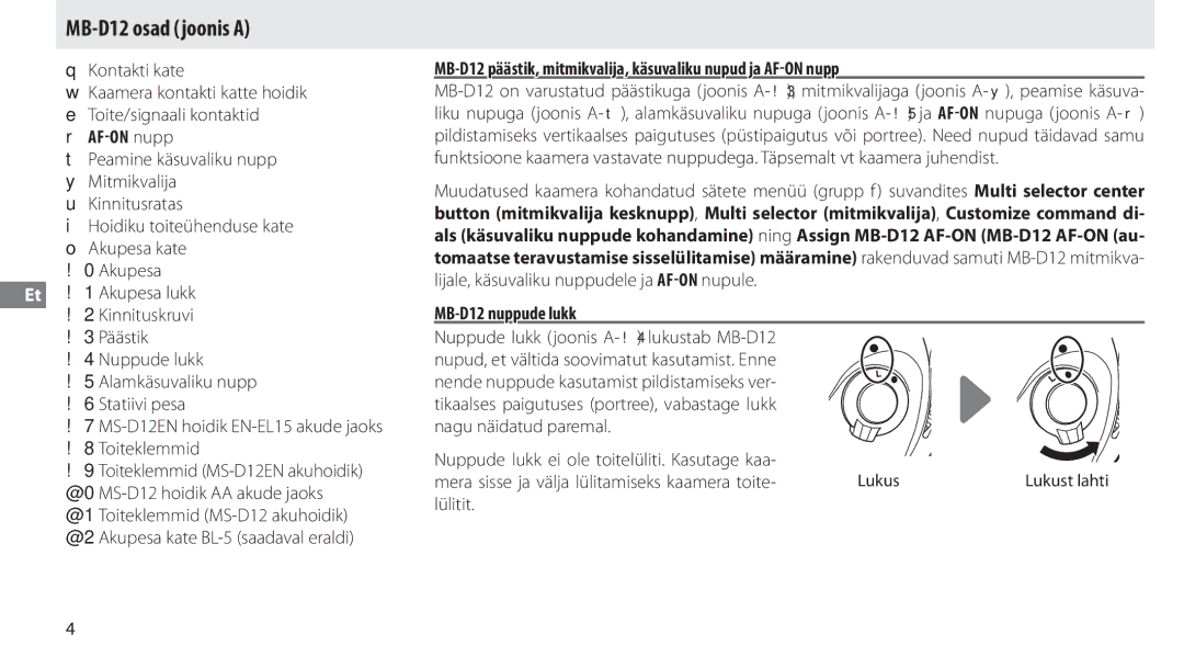 Nikon manual MB-D12 osad joonis a, Kontakti kate, AFON nupp, MB-D12 nuppude lukk, Lülitit 