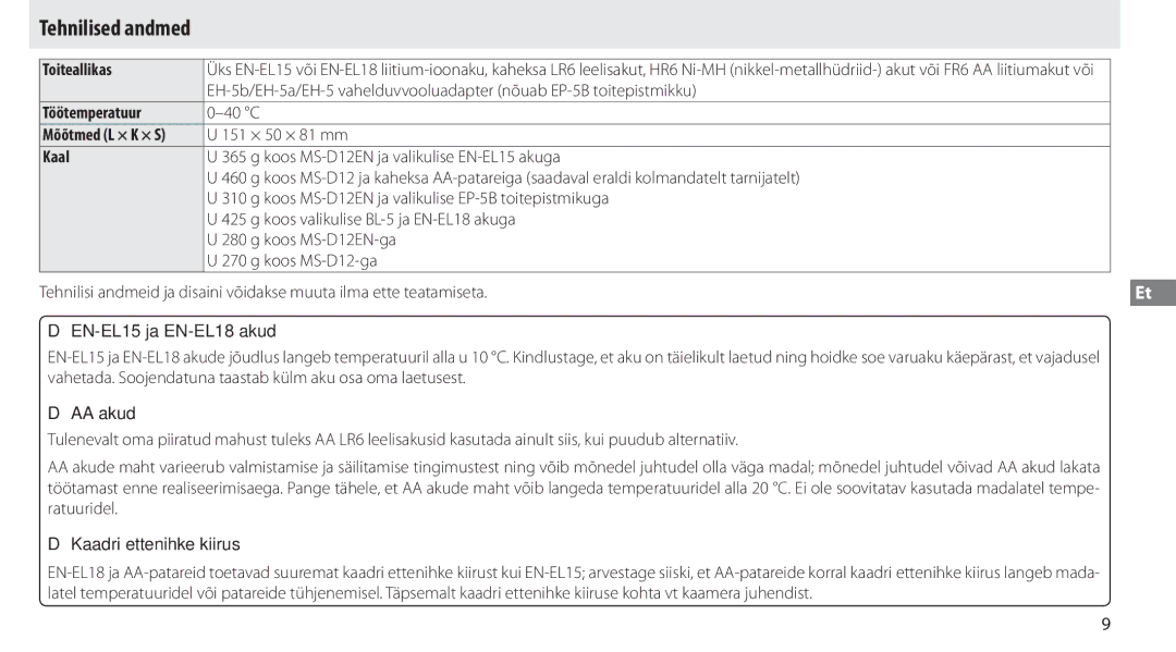 Nikon MB-D12 manual Tehnilised andmed, Toiteallikas, Töötemperatuur, Kaal 