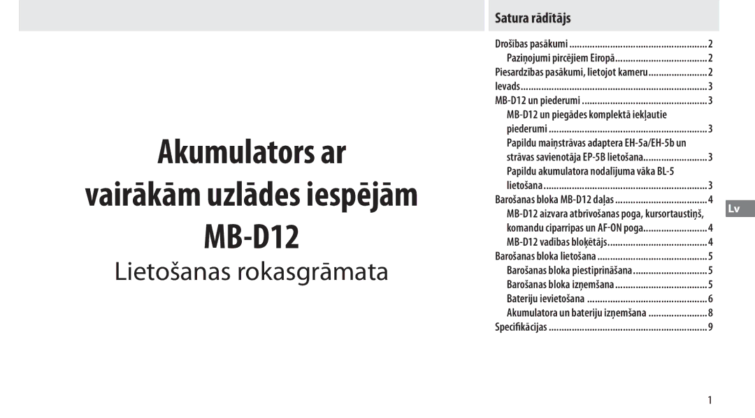 Nikon MB-D12 manual Lietošanas rokasgrāmata, Satura rādītājs 