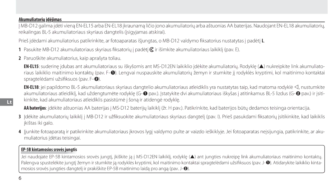 Nikon MB-D12 manual Akumuliatorių įdėjimas, EP-5B kintamosios srovės jungtis 