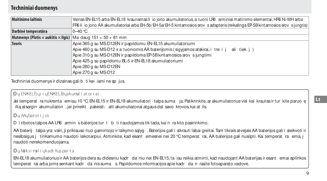 Nikon MB-D12 manual Techniniai duomenys, Maitinimo šaltinis, Darbinė temperatūra, Svoris 