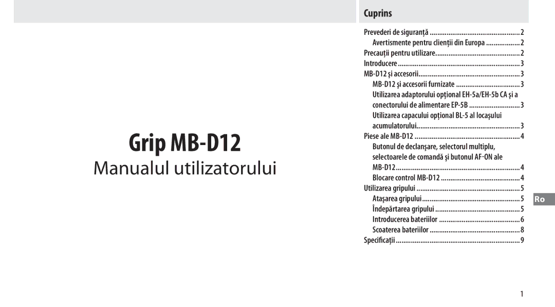 Nikon MB-D12 manual Manualul utilizatorului, Cuprins 