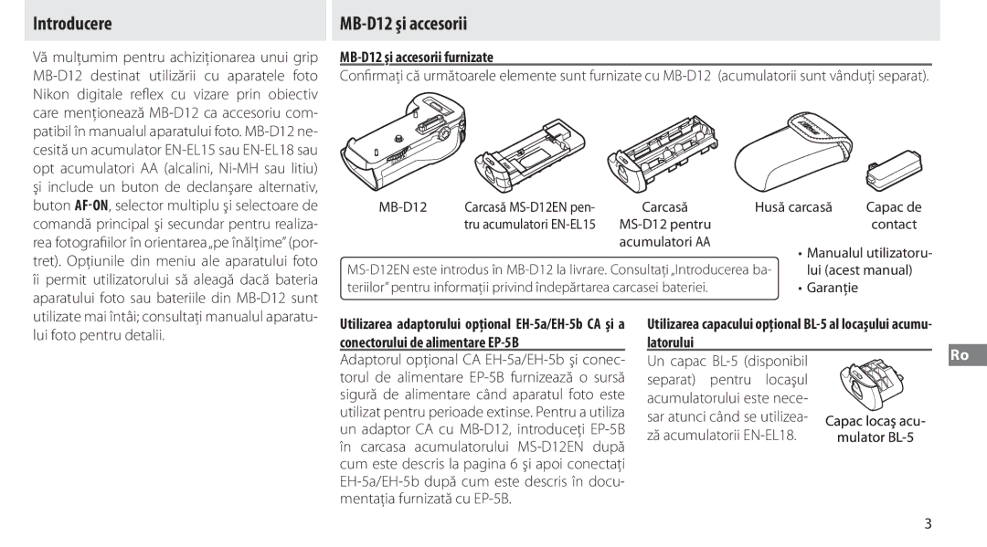 Nikon manual Introducere, MB-D12 şi accesorii furnizate 