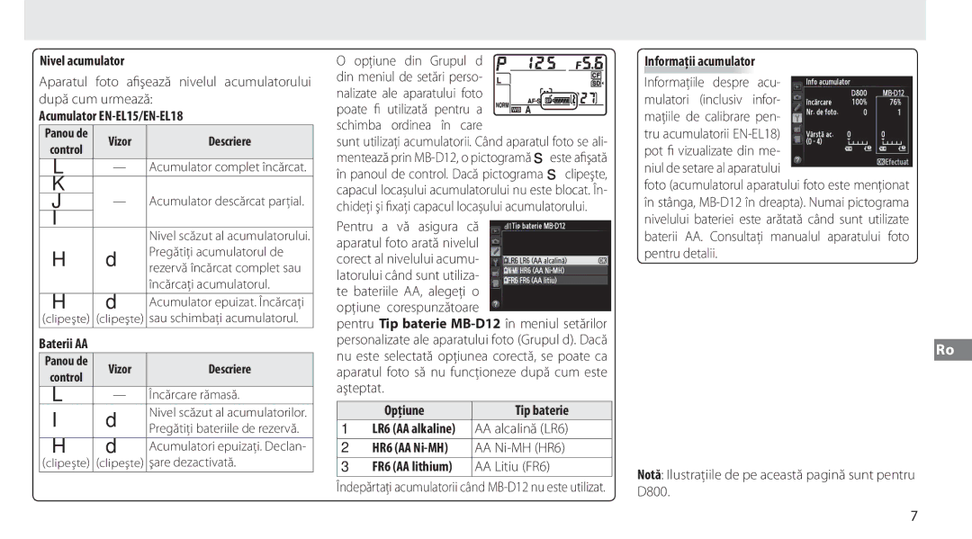 Nikon MB-D12 manual Nivel acumulator, Acumulator EN-EL15/EN-EL18, Opţiune Tip baterie, Informaţii acumulator 