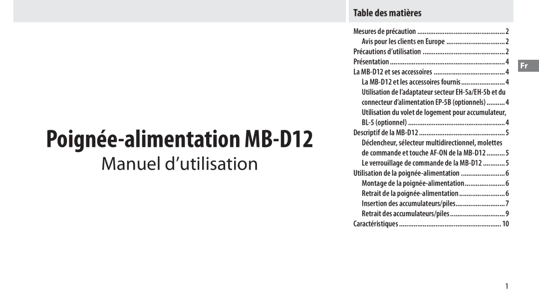 Nikon MB-D12 manual Manuel d’utilisation, Table des matières, Présentation 