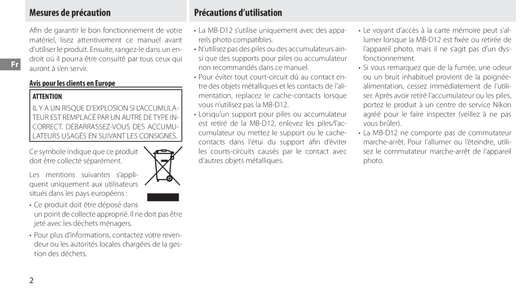 Nikon MB-D12 manual Mesures de précaution, Précautions d’utilisation, Avis pour les clients en Europe 