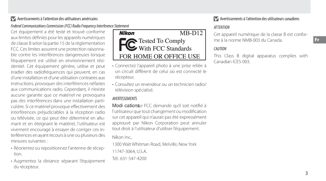 Nikon MB-D12 manual Avertissements à l’attention des utilisateurs américains 