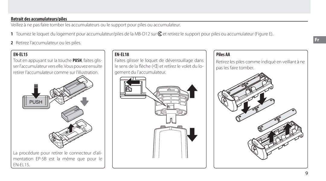 Nikon MB-D12 manual Retrait des accumulateurs/piles, Piles AA, Retirez l’accumulateur ou les piles 