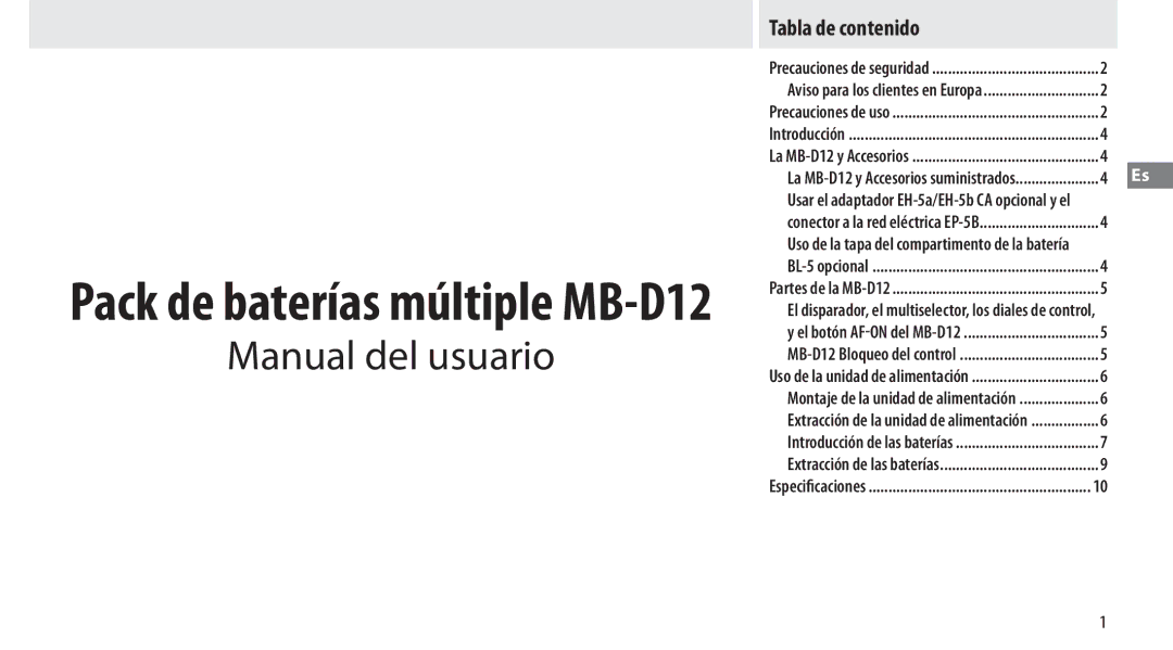 Nikon MB-D12 manual Manual del usuario, Tabla de contenido 