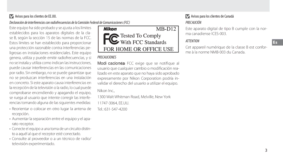 Nikon MB-D12 Avisos para los clientes de EE.UU, Se B, según la sección 15 de las normas de la FCC, Ma canadiense ICES-003 