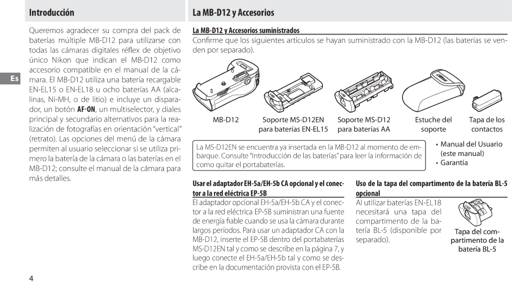 Nikon manual Introducción La MB-D12 y Accesorios, La MB-D12 y Accesorios suministrados 