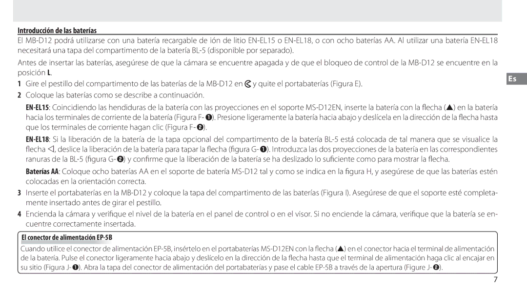 Nikon MB-D12 manual Introducción de las baterías, El conector de alimentación EP-5B 