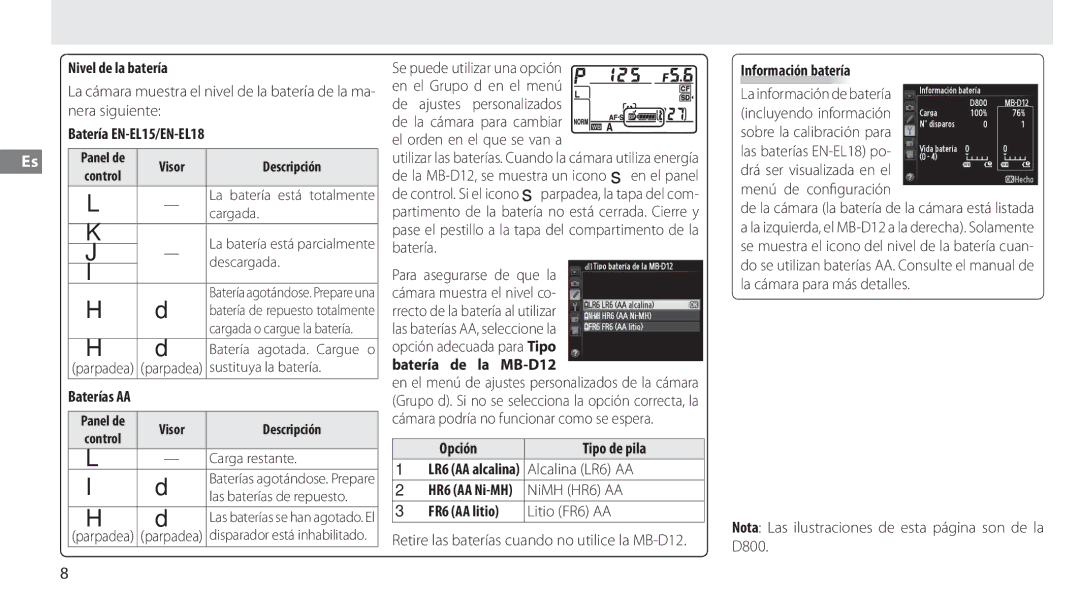 Nikon MB-D12 manual Nivel de la batería, Batería EN-EL15/EN-EL18, Opción, LR6 AA alcalina Alcalina LR6 AA, FR6 AA litio 