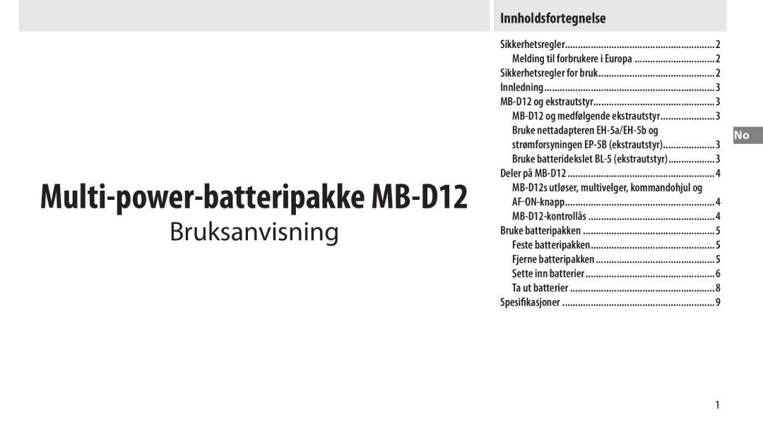 Nikon MB-D12 manual Bruksanvisning, Bruke nettadapteren EH-5a/EH-5b og, Innholdsfortegnelse 