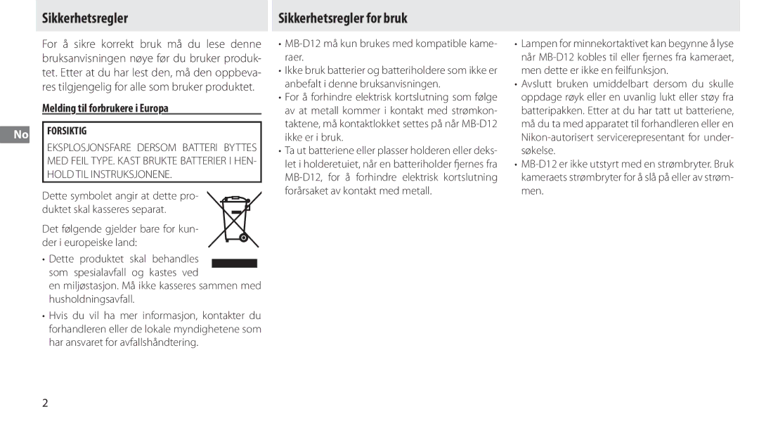 Nikon MB-D12 manual Sikkerhetsregler for bruk, Melding til forbrukere i Europa, No Forsiktig 