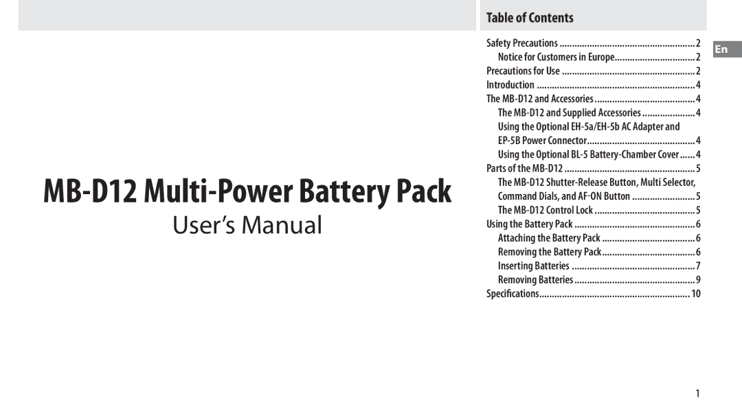 Nikon MB-D12 manual User’s Manual, Table of Contents 