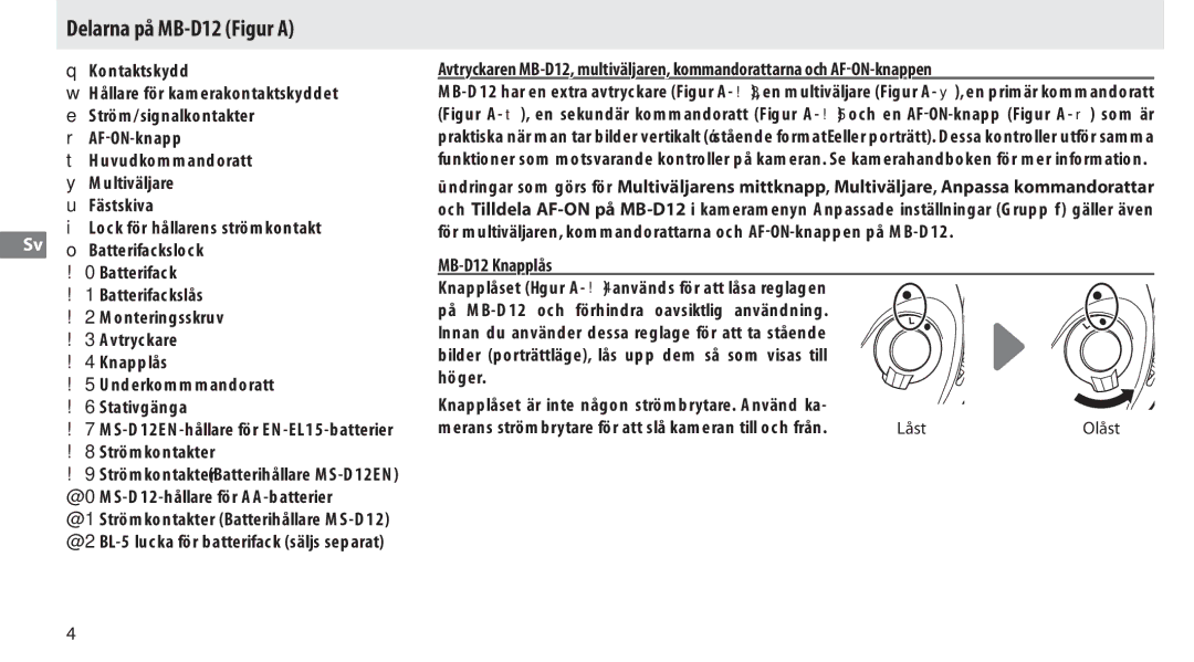 Nikon manual Delarna på MB-D12 Figur a, Kontaktskydd Hållare för kamerakontaktskyddet, MB-D12 Knapplås 