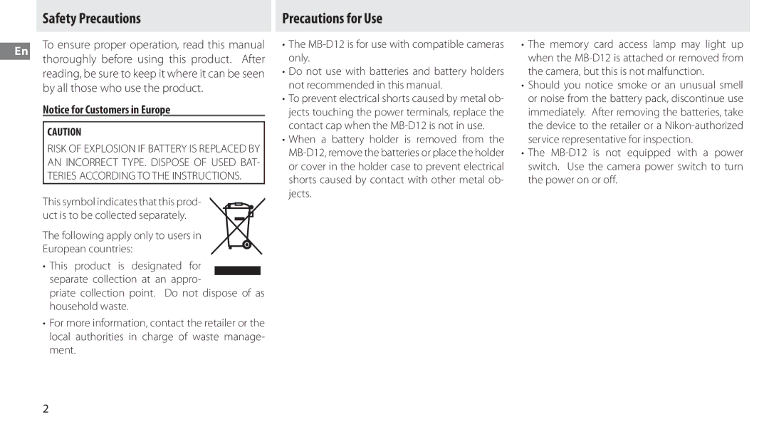 Nikon MB-D12 manual Safety Precautions, Precautions for Use, Following apply only to users European countries 