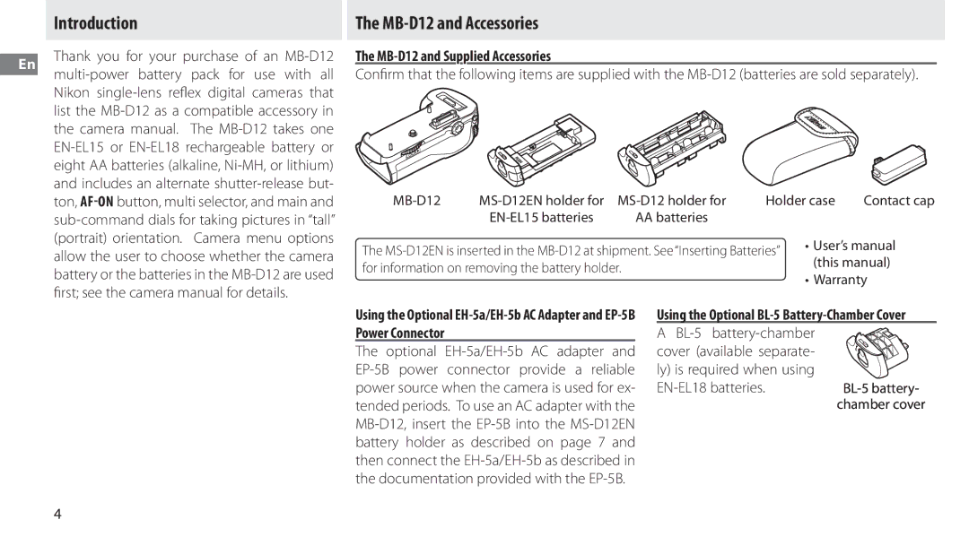 Nikon manual Introduction MB-D12 and Accessories, MB-D12 and Supplied Accessories 