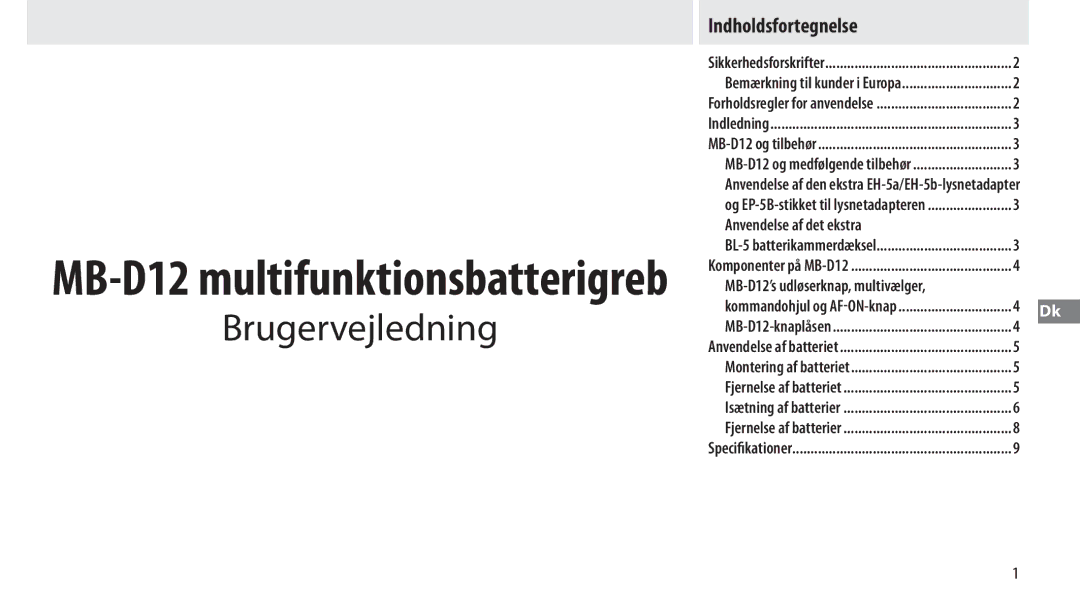 Nikon Brugervejledning, Indholdsfortegnelse, Anvendelse af det ekstra, Kommandohjul og AFON-knap MB-D12-knaplåsen 