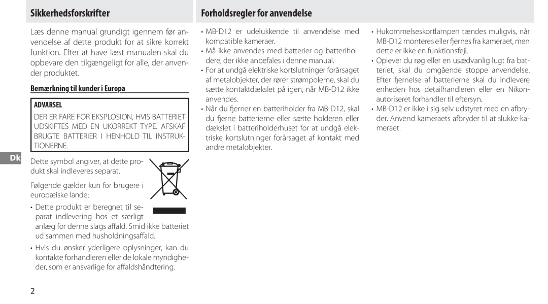 Nikon MB-D12 manual Sikkerhedsforskrifter, Forholdsregler for anvendelse, Bemærkning til kunder i Europa 