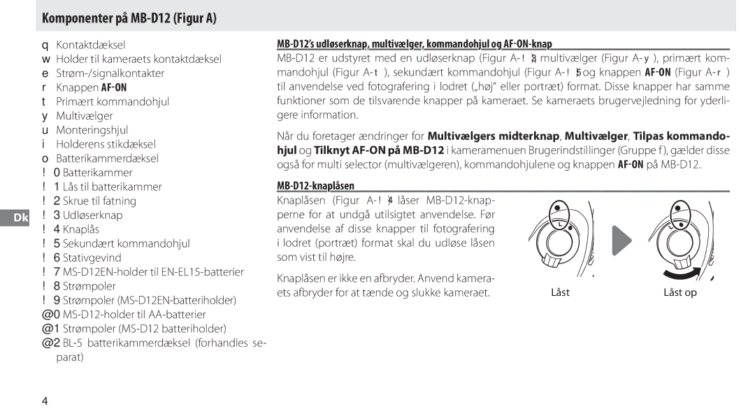 Nikon manual Komponenter på MB-D12 Figur a, Kontaktdæksel Holder til kameraets kontaktdæksel 