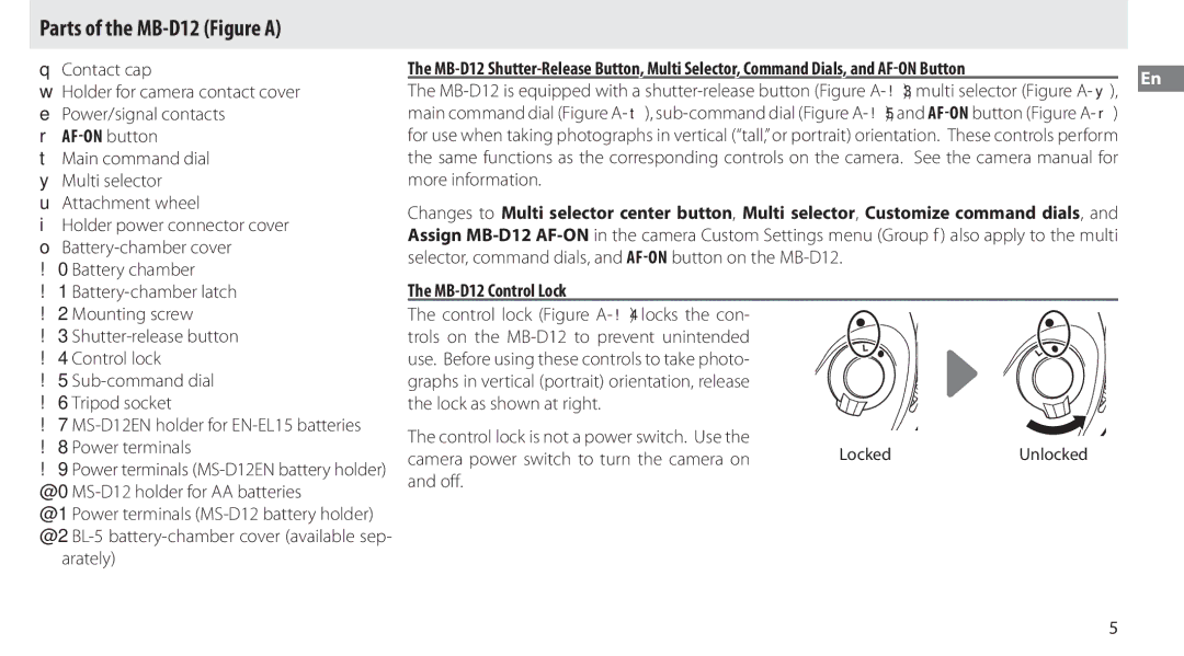 Nikon manual Parts of the MB-D12 Figure a, AFON button, Arately, MB-D12 Control Lock 