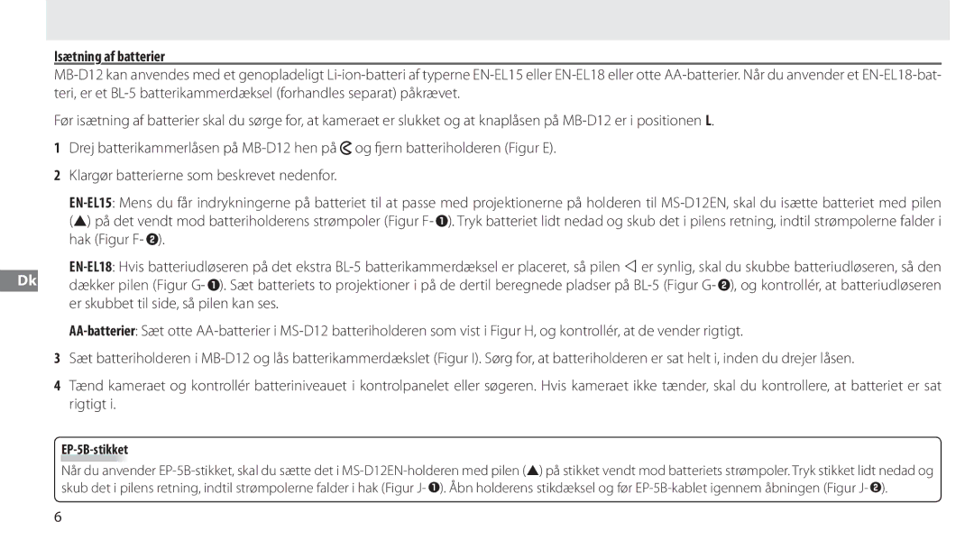 Nikon MB-D12 manual Isætning af batterier, EP-5B-stikket 