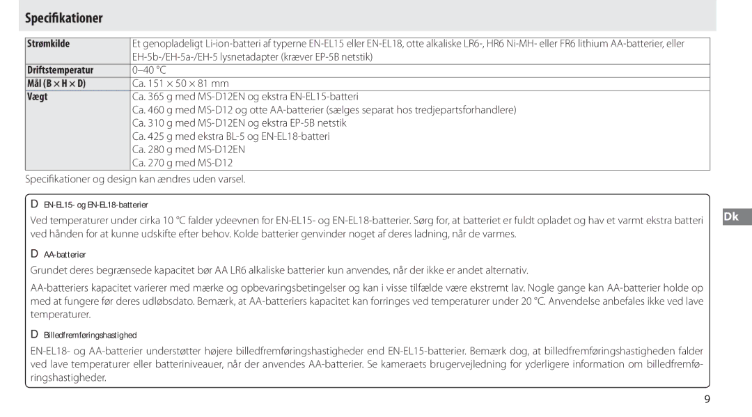 Nikon MB-D12 manual Driftstemperatur, Mål B × H × D, Vægt 