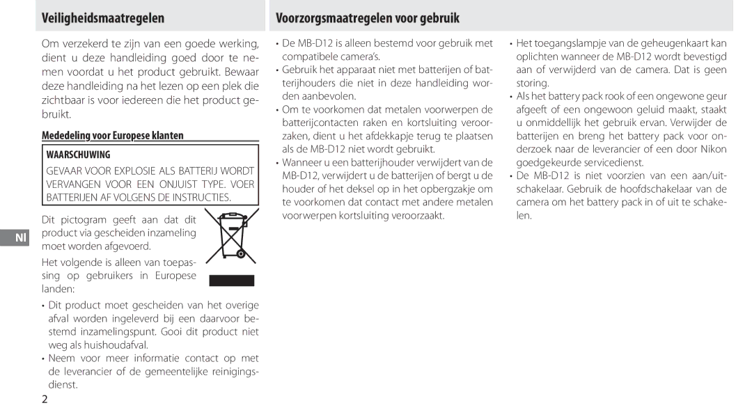 Nikon MB-D12 manual Veiligheidsmaatregelen, Mededeling voor Europese klanten, Waarschuwing 