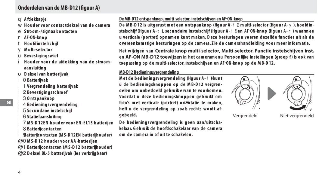 Nikon manual Afdekkapje, MB-D12 Bedieningsvergrendeling, Houder voor contactdeksel van de camera, Vergrendeld 