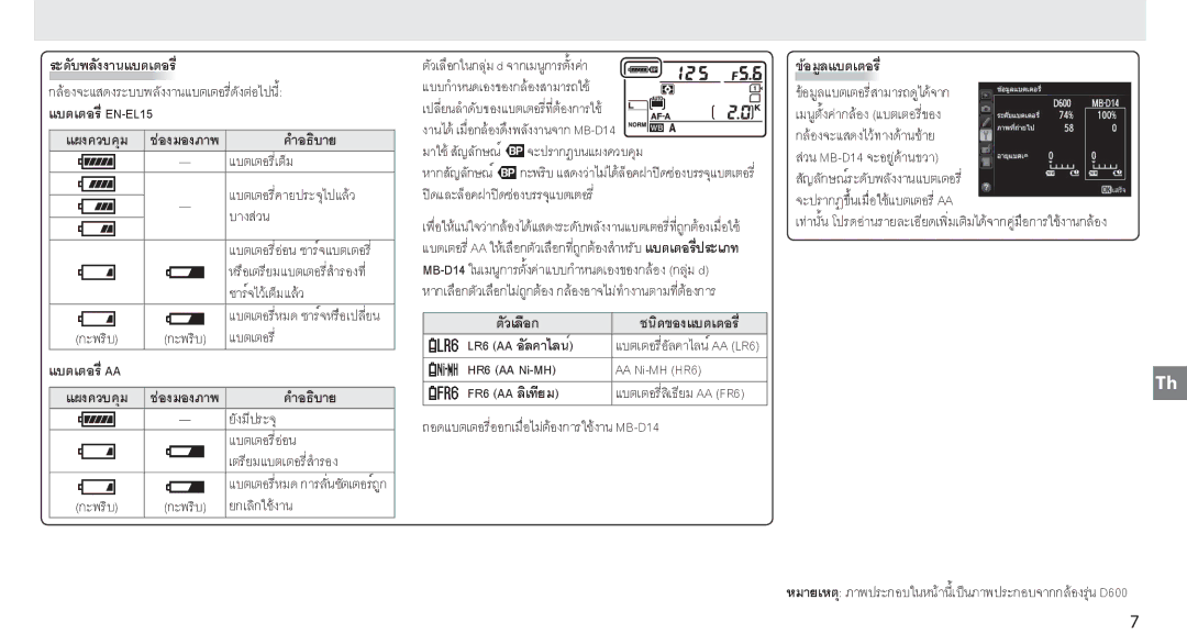 Nikon MB-D14 manual LR6 AA อัลคาไลน์, HR6 AA Ni-MH AA Ni-MH HR6 FR6 AA ลิเทียม 