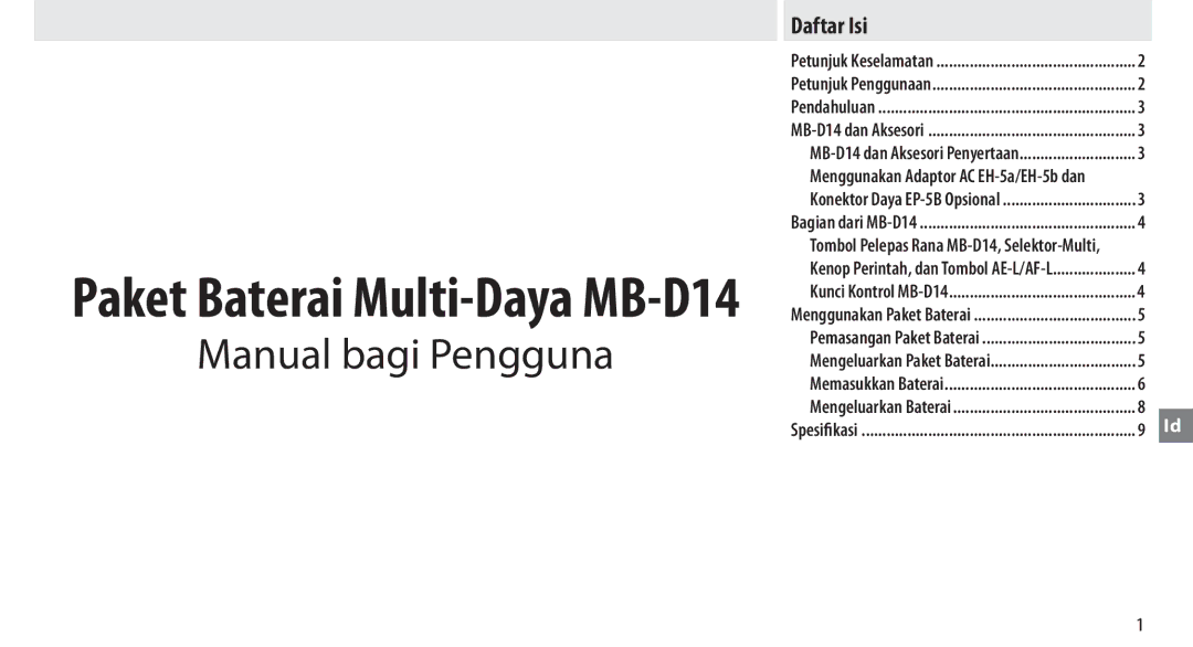 Nikon manual Paket Baterai Multi-Daya MB-D14, Daftar Isi 