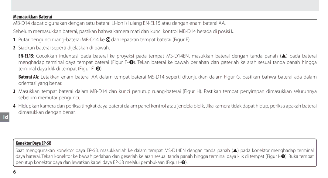 Nikon MB-D14 manual Memasukkan Baterai, Konektor Daya EP-5B 