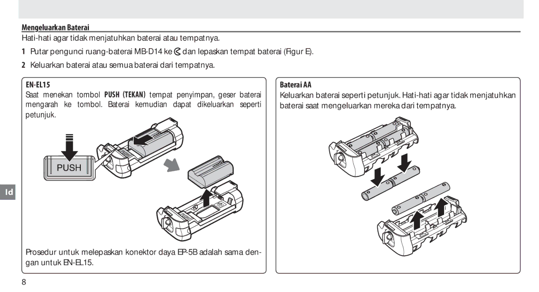 Nikon MB-D14 manual Mengeluarkan Baterai, Baterai AA 